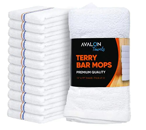 Avalon Towels Bar Mop Towels Value Pack of 12 Size 16"x19" – Absorbent and Durable Multipurpose Towels Cotton Cleaning Rags Bar Towels Restaurant Towels Reusable Shop Rags (Blue/Orange)